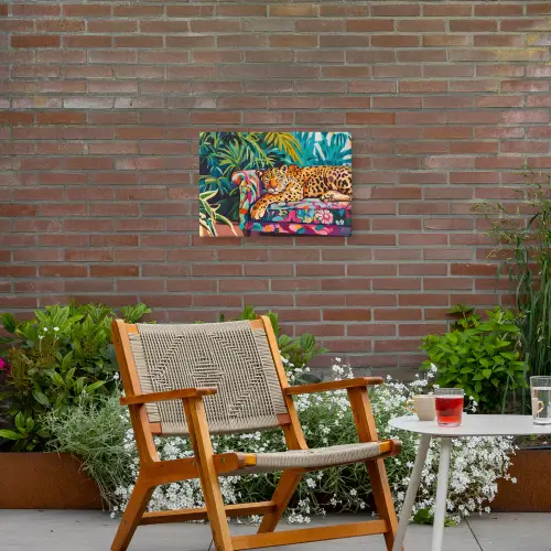 Luipaard - Kleurrijk - Tropisch Tuinposter op houten frame 2 cm dik klein -sfeer3
