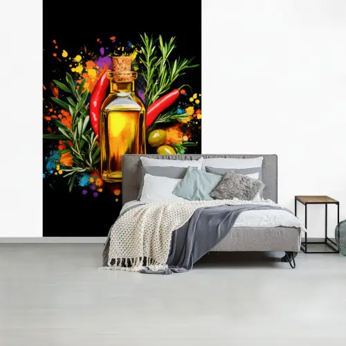 Olijfolie - Graffiti - Peper - Olijven - Modern fotobehang vinyl groot -slaapkamer