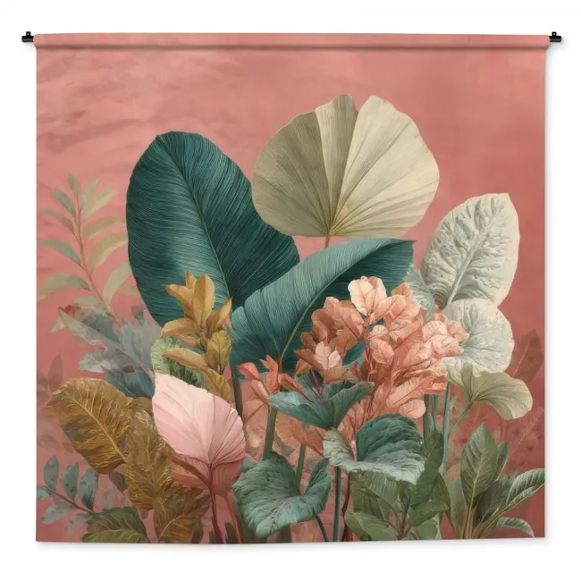 Wandkleed - Tropische bladeren - Bloemen - Roze - groen