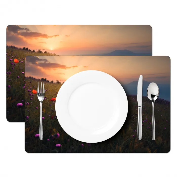 Bloemenveld - Gras - Bloemen - Planten - Zonsondergang - Oranje Placemat vinyl groot -zzsfeer2_Kitchenyeah-website