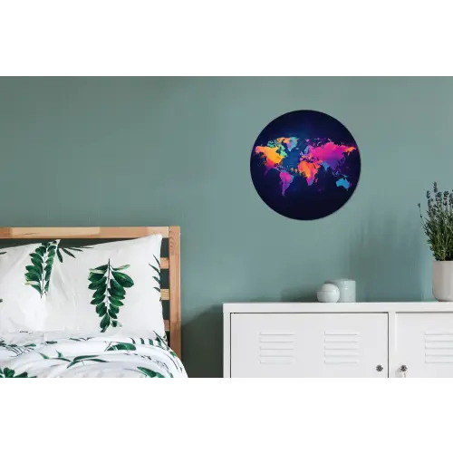 Wereldkaart - Kleurrijk - Graffiti Wandcirkel aluminium klein -slaapkamer
