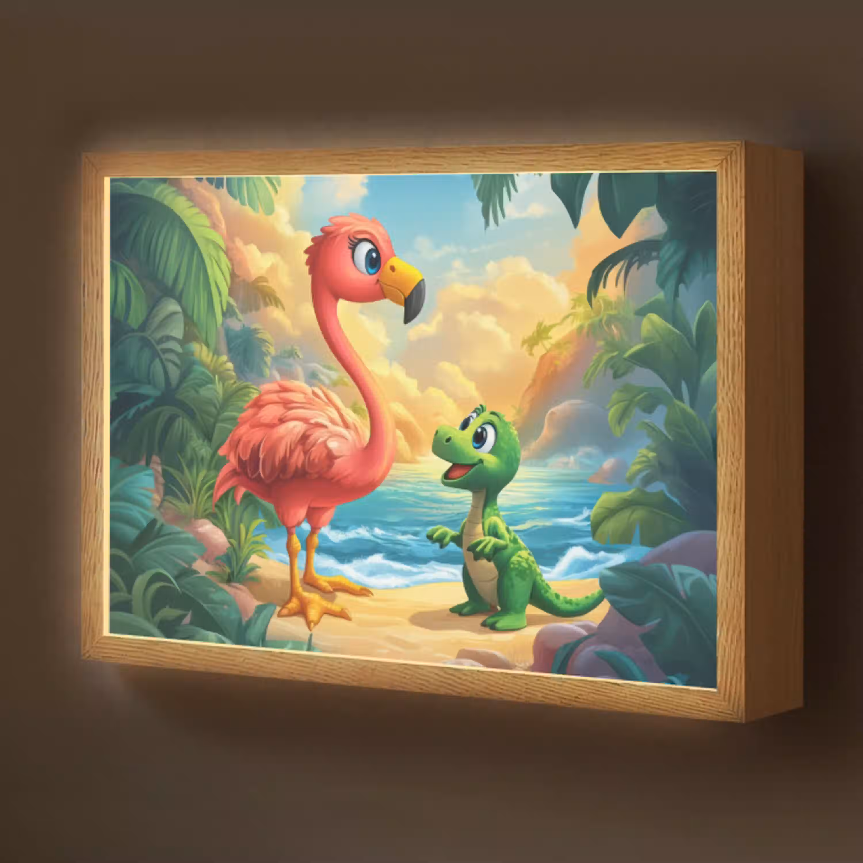 Flamingo - Dinosaurus - Strand - Kleurrijk Light Box met batterij (Wandlamp kind) middel -z3d_website