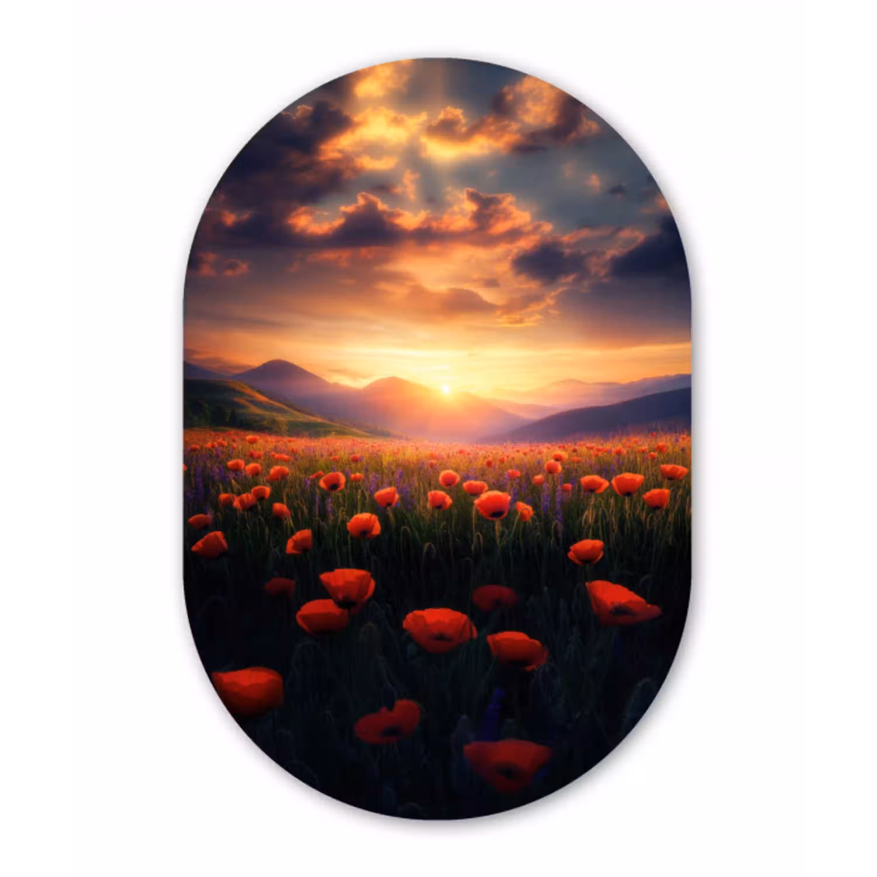 Landschap - Zonsondergang - Bloemenveld Wandcirkel Ovaal Glas middel -3d