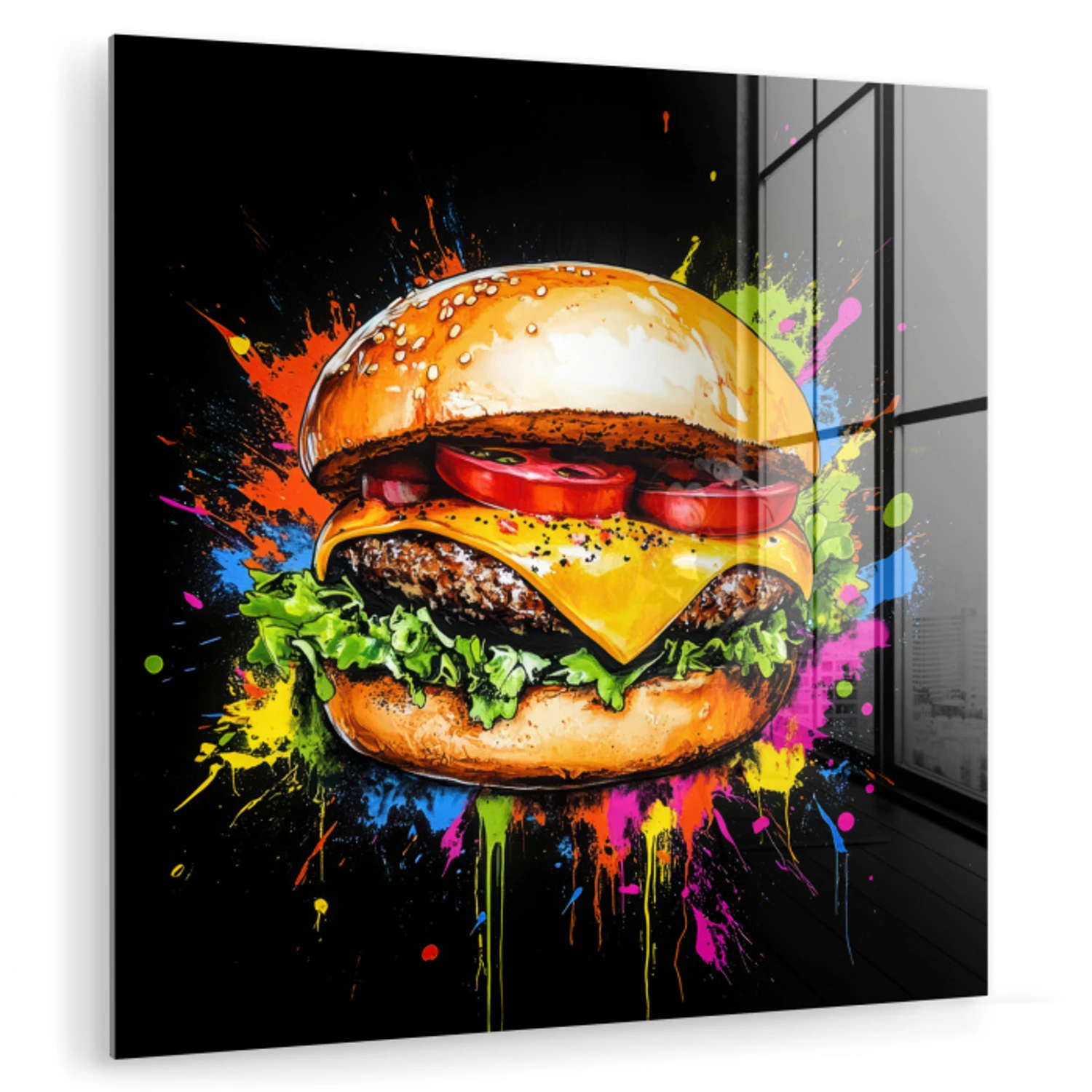 Hamburger - Graffiti - Verf - Kleurrijk - Eten - Abstract plexiglas 5mm klein -zzzproduct_nieuw