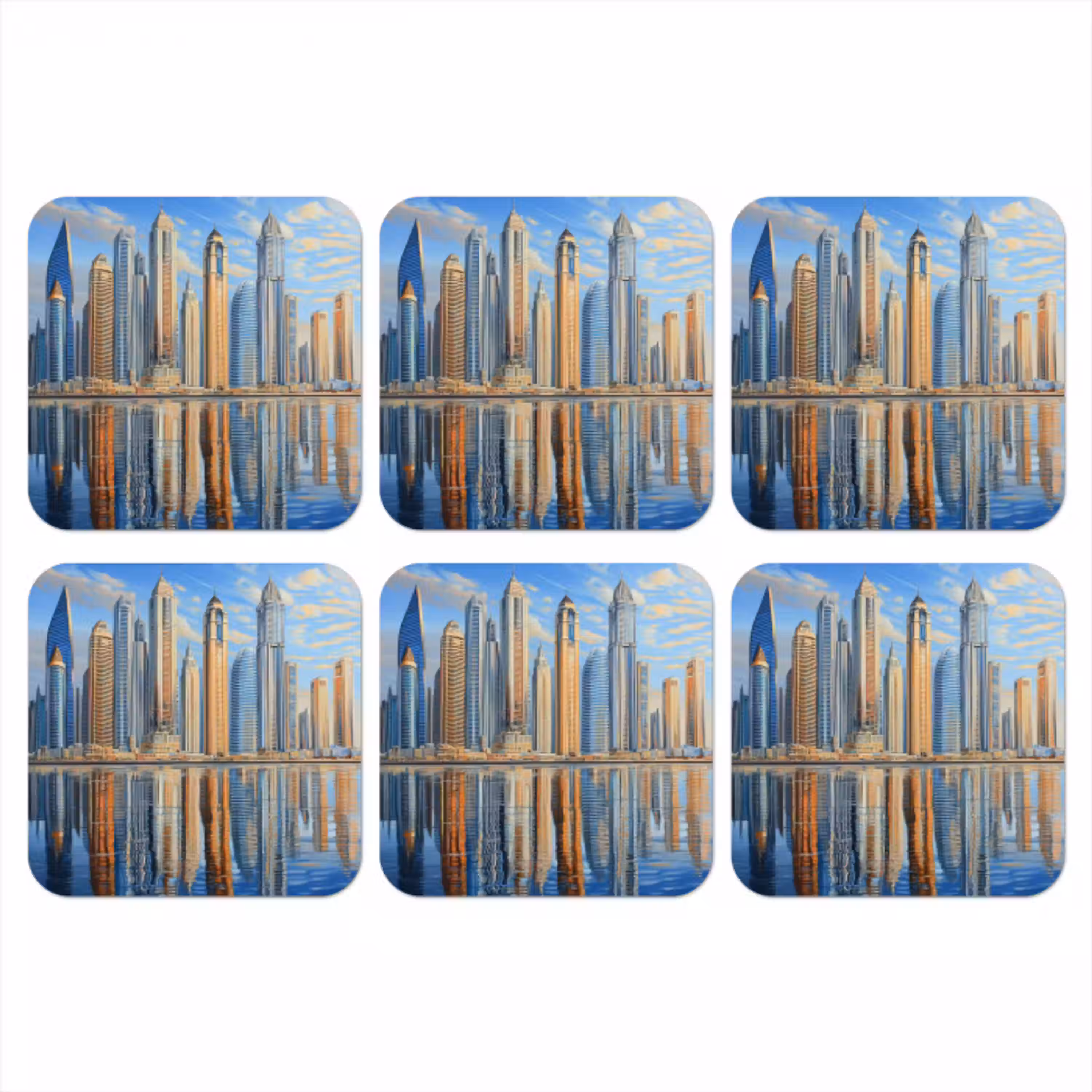 Skyline - Wolkenkrabbers - Water - Blauw onderzetter kurk middel -3d