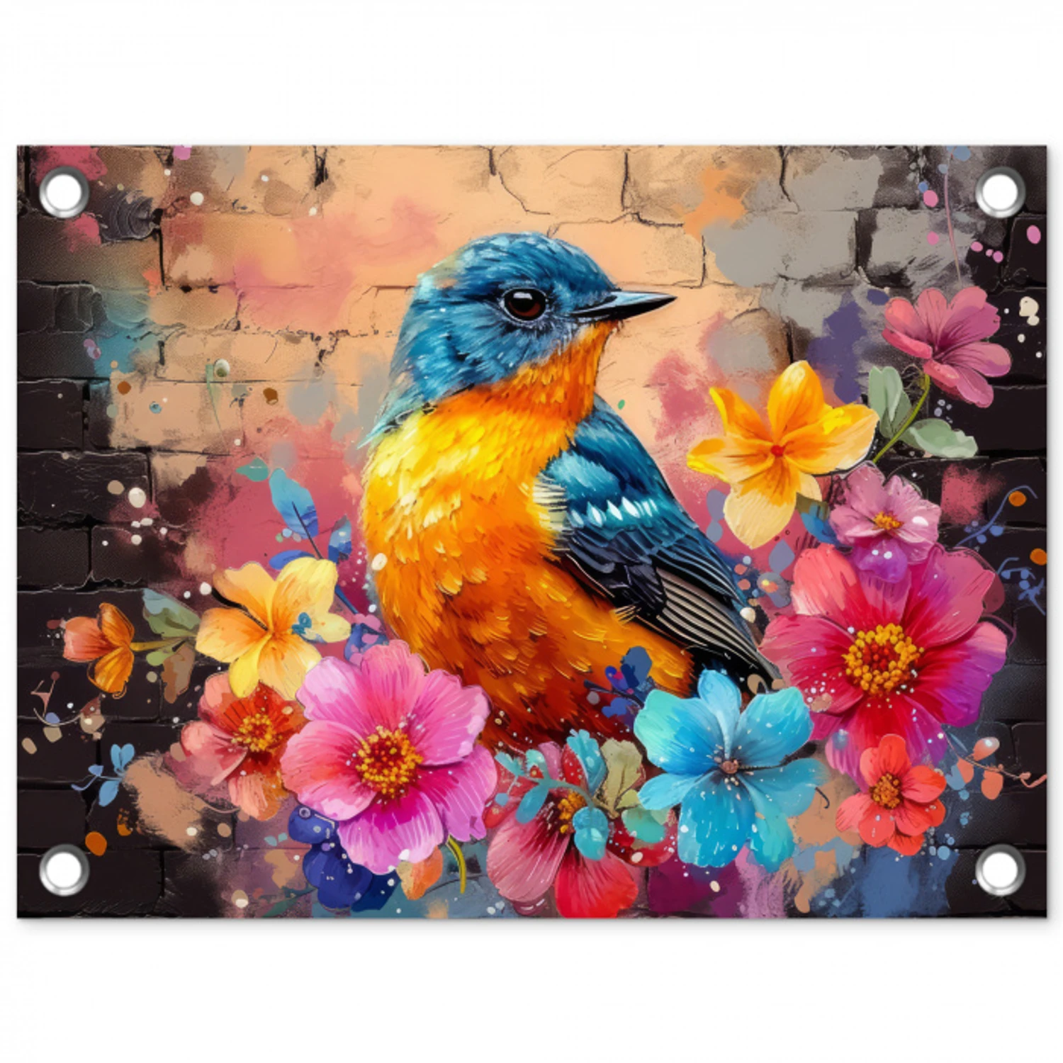 Vogel in Bloemenpracht tuinposter los doek klein -3d