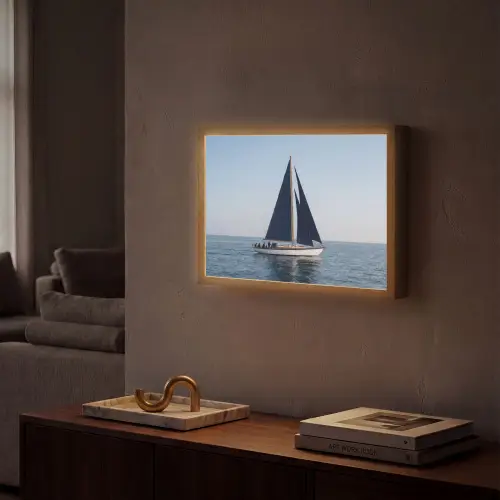 Zeilboot - Zee - Blauw Light Box met batterij (Wandlamp) middel -sfeer1