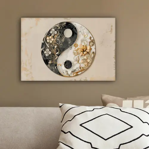 Yin Yang - Bloemen - Zwart - Wit - Vintage canvas 2cm klein -sfeer3