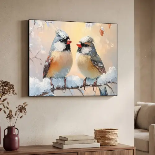 Vogels - Tak - Winter - Sneeuw Textielframe zwart klein -sfeer3