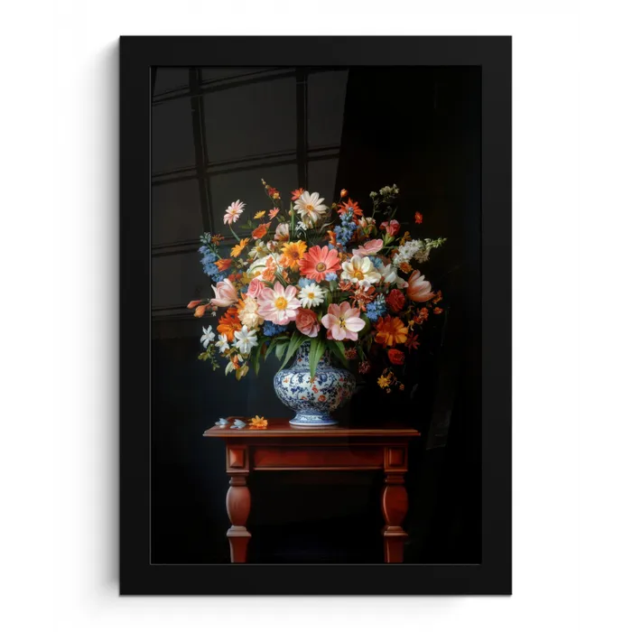 Boeket - Roze - Bloemen - Vaas fotolijst zwart zonder passe partout klein -3d
