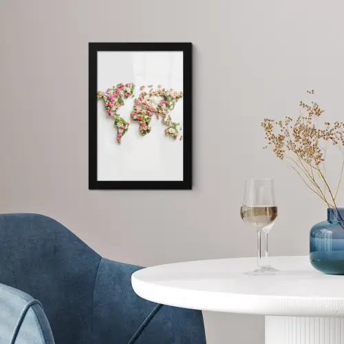 Wereldkaart - Bloemen - Subtiel fotolijst zwart zonder passe partout klein -sfeer4