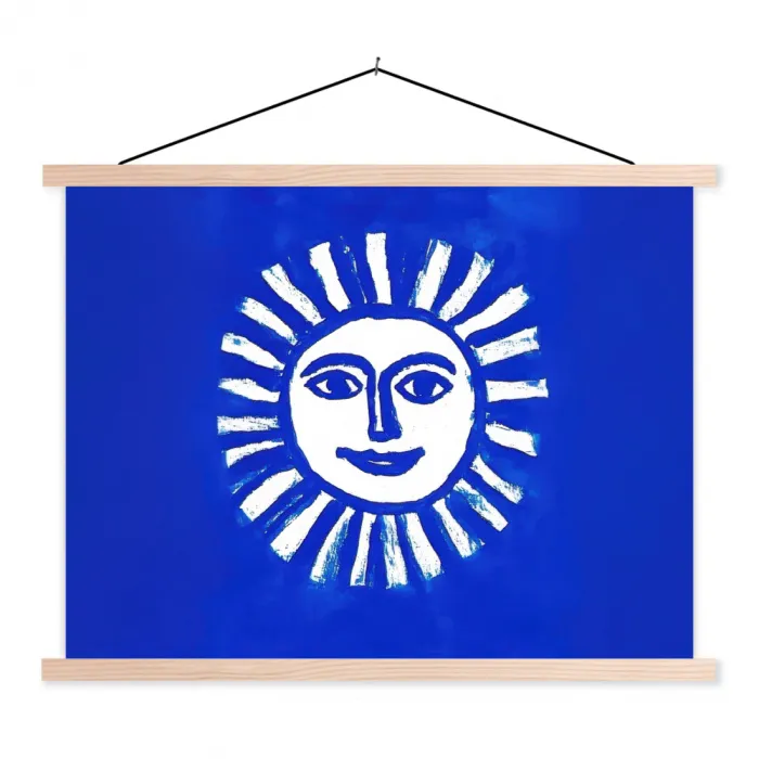 Zon - Gezicht - Penseelstructuur - Blauw textielposter latten blank klein -3d