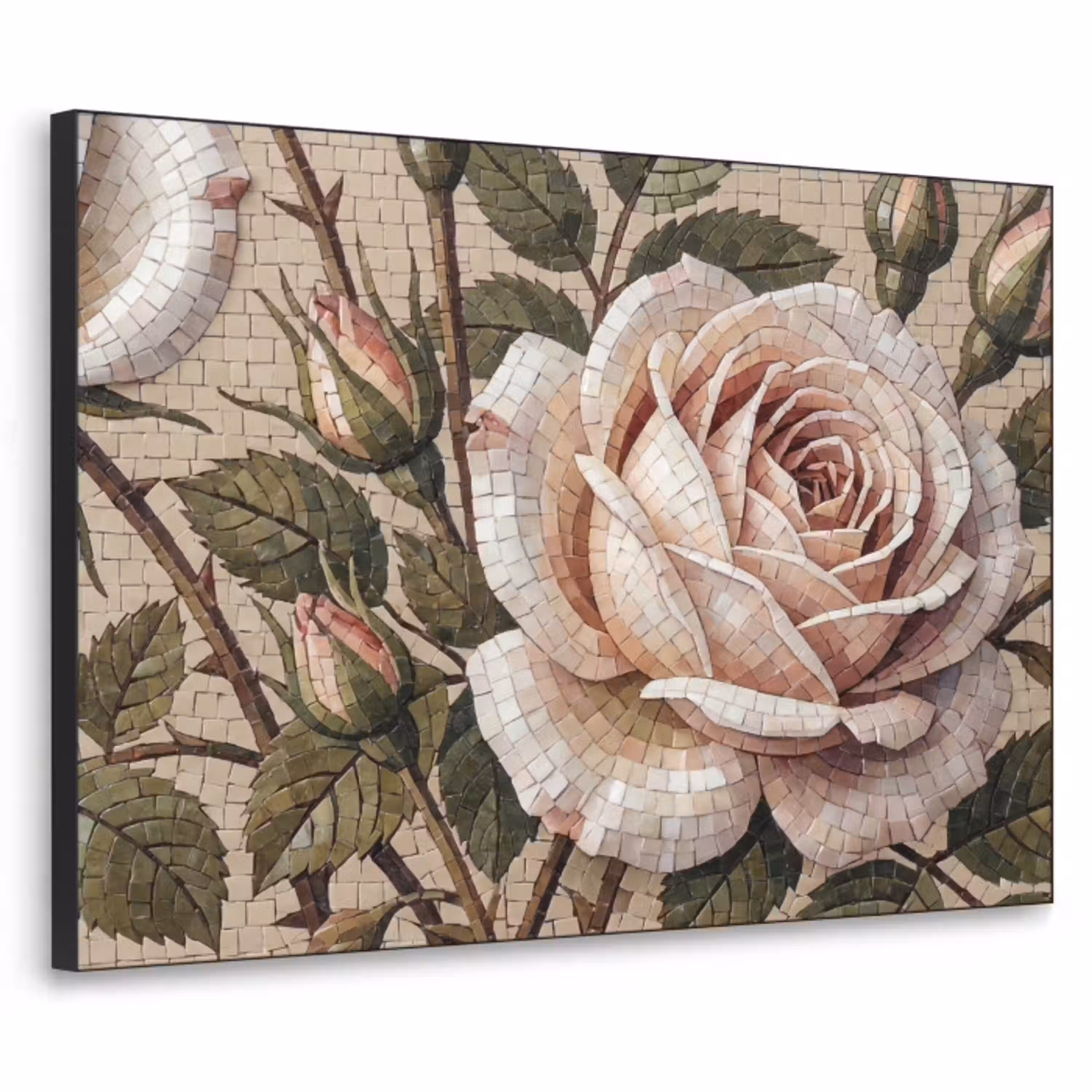 Roos - Mozaïek - Bloemen - Klassiek - Beige Textielframe zwart klein -3d