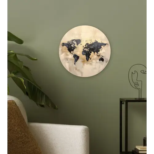 Wereldkaart - Goud - Zwart - Abstract Wandcirkel kunststof plaat 5mm dik klein -sfeer3