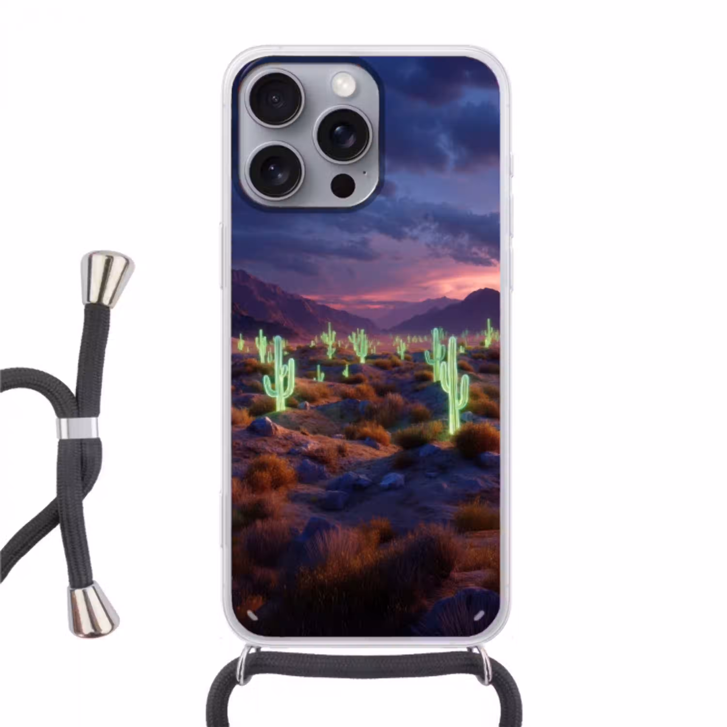 Neon cactussen - Woestijn - Zonsondergang Hoesje iPhone 16 Pro Max met koord klein -3d