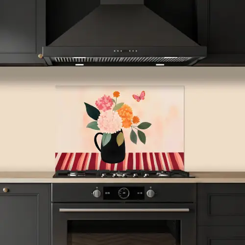 Vaas - Bloemen - Vlinder - Rood keuken achterwand spatscherm klein -sfeer1