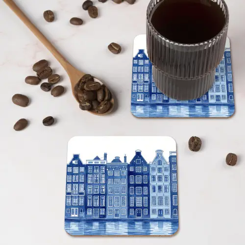 Aquarel - Grachtenpanden - Delfts - Blauw onderzetter kurk middel -sfeer2