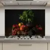 Stilleven - Tomaten - Basilicum - Schilderij - Groente - Zwart keuken achterwand spatscherm klein -3d_website