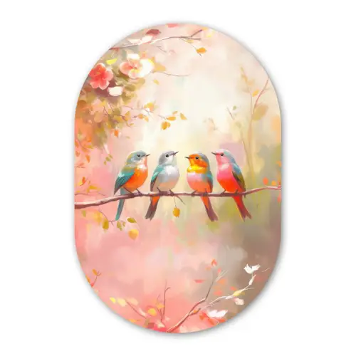 Vogels - Kleurrijk - Tak Wandcirkel Ovaal Glas middel -3d
