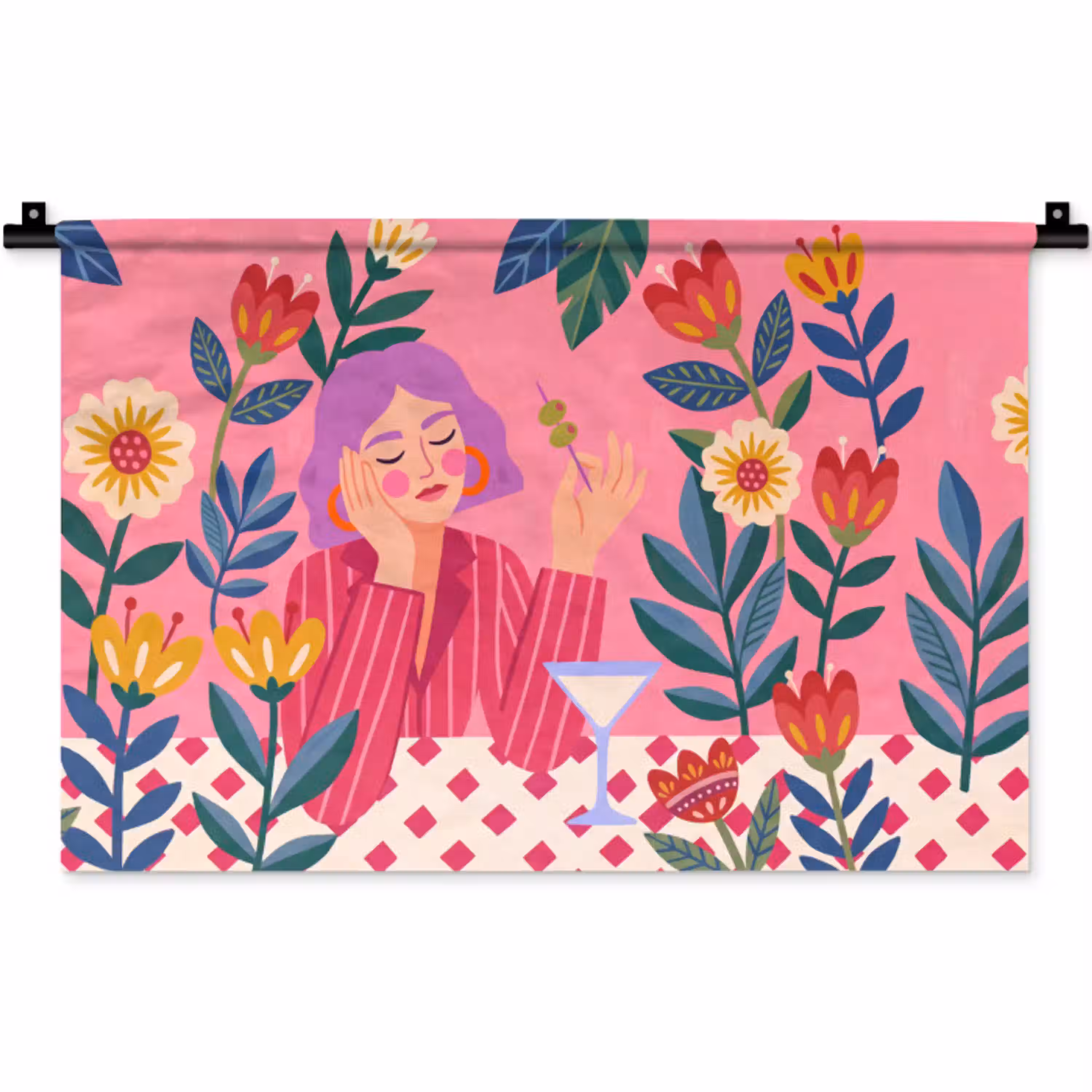 Vrouw - Cocktail - Bloemen - Modern - Roze Wandkleed katoen klein -zz3d