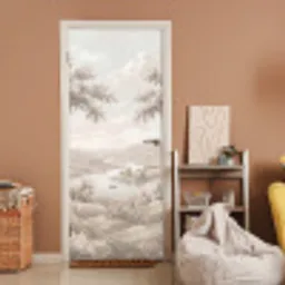 Rivierlandschap - Bergen - Natuur - Vintage - Beige deurposter klein -sfeer1