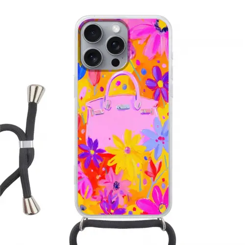 Tas - Roze - Bloemen Hoesje iPhone 16 Pro Max met koord klein -3d