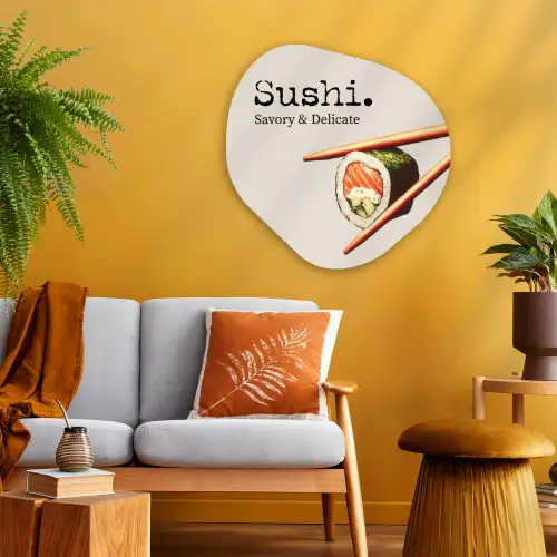 Sushi - Zalm - Rijst - Japans Wandcirkel Organisch Plexiglas middel -sfeer4