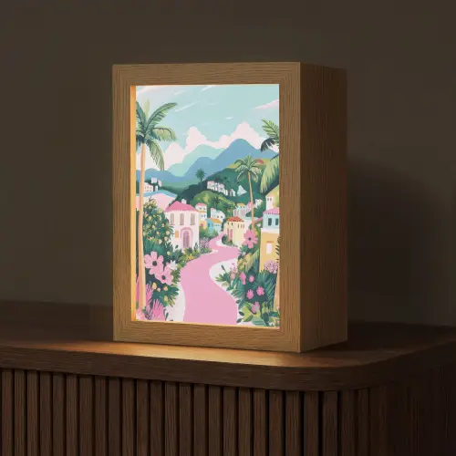 Kleurrijk - Huizen - Heuvels - Roze Light Box met kabel (Tafellamp) klein -z3d_website