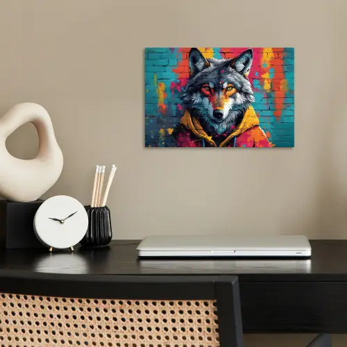 Graffiti - Wolf - Street art - Blauw poster papier klein -sfeer1