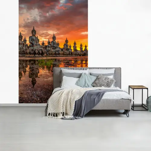 Boeddha beelden - Zonsondergang - Water - Boeddhisme fotobehang vinyl groot -slaapkamer