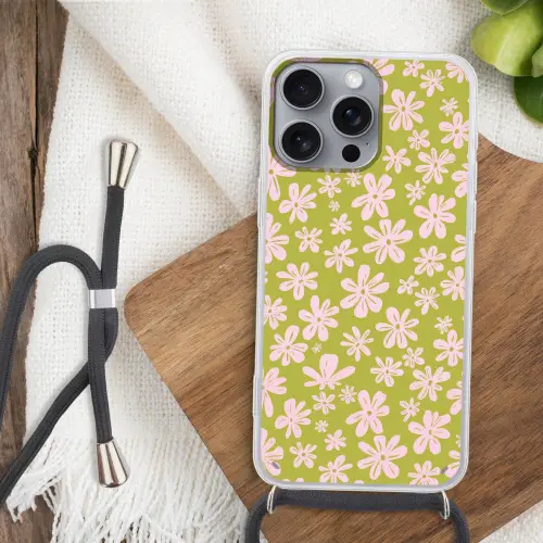 Bloemen - Roze - Getekend - Patroon Hoesje iPhone 16 Pro Max met koord klein -sfeer4