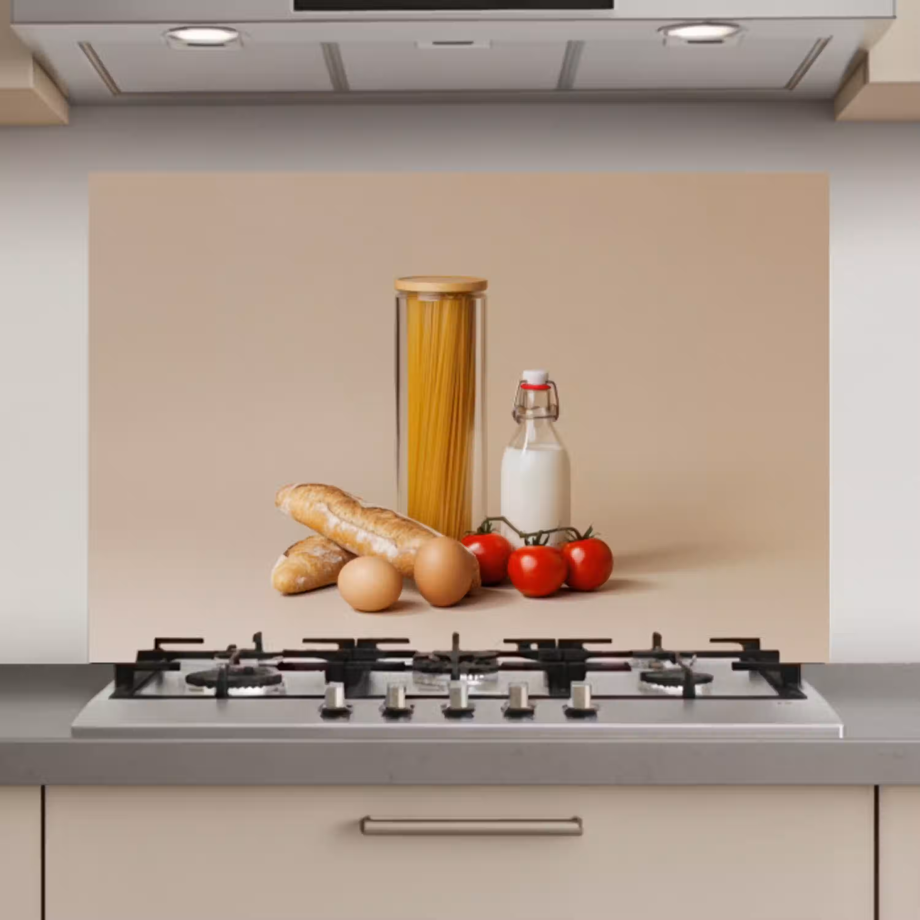 Spaghetti - Melk - Tomaten - Eieren - Brood keuken achterwand spatscherm klein -3d_website
