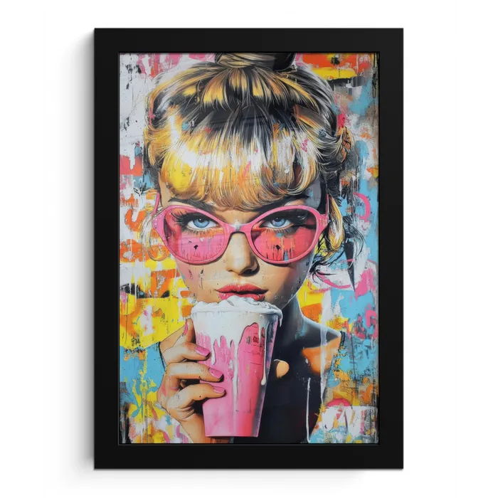 Expressief - Milkshake - Vrouw - Felle kleuren fotolijst zwart zonder passe partout klein -3d