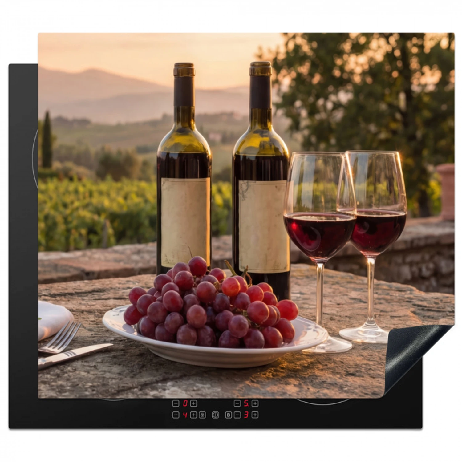 Wijn - Glazen - Druiven - Wijngaard Inductie beschermer vinyl 3mm middel -3d