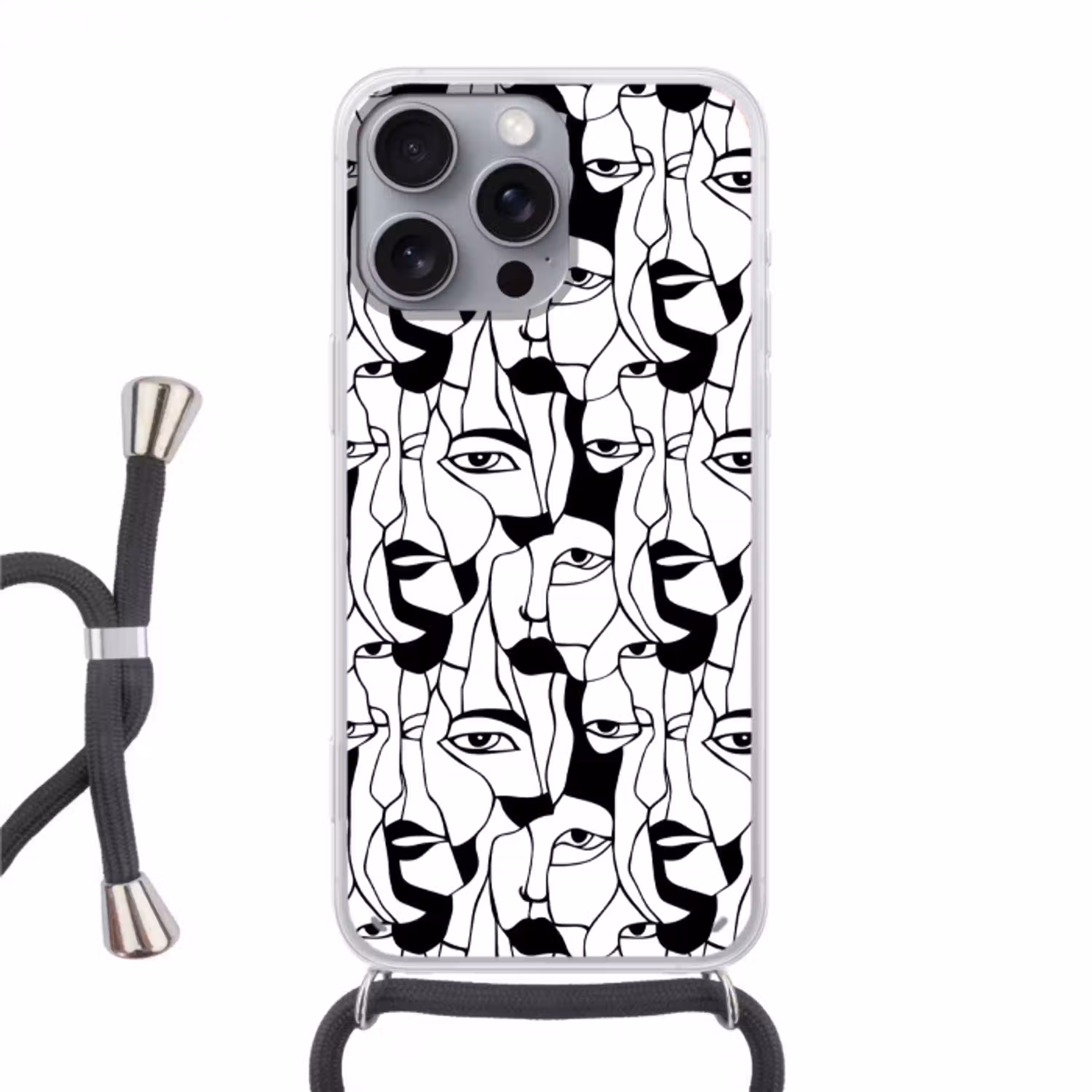 Lijnen - Gezichten - Zwart - Wit Hoesje iPhone 16 Pro Max met koord klein 804 -3d