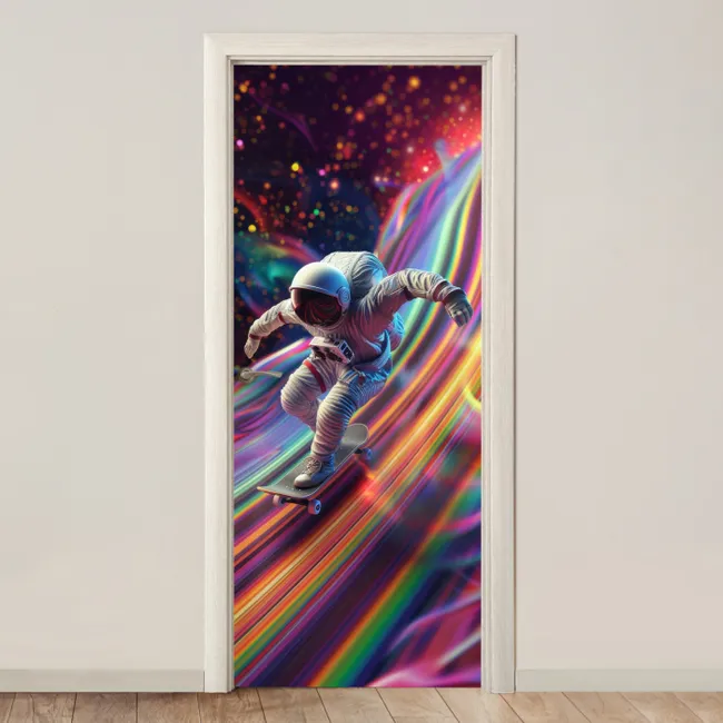 Deursticker - Astronaut - Ruimte - Skateboard - Kleurrijk