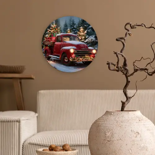 Kersttruck - Sneeuwbos - Rood Wandcirkel kunststof plaat 5mm dik klein -sfeer1