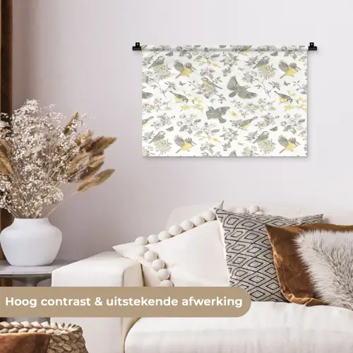 Birds - Flowers - Gray - Yellow Wandkleed katoen klein 269 -sfeer1