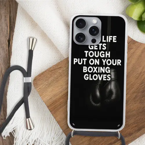 Tekst - Bokshandschoenen - Wit Hoesje iPhone 16 Pro Max met koord klein -sfeer4