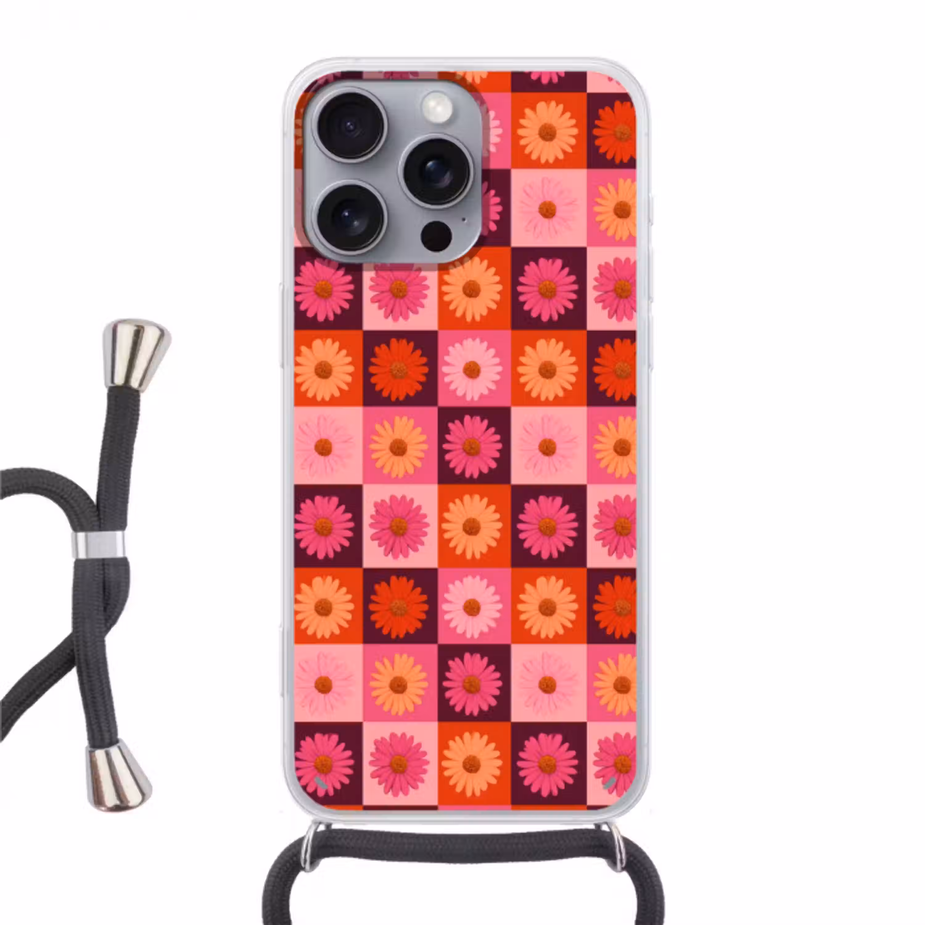 Madeliefjes - Dambord - Retro - Roze - Oranje Hoesje iPhone 16 Pro Max met koord klein 804 -3d