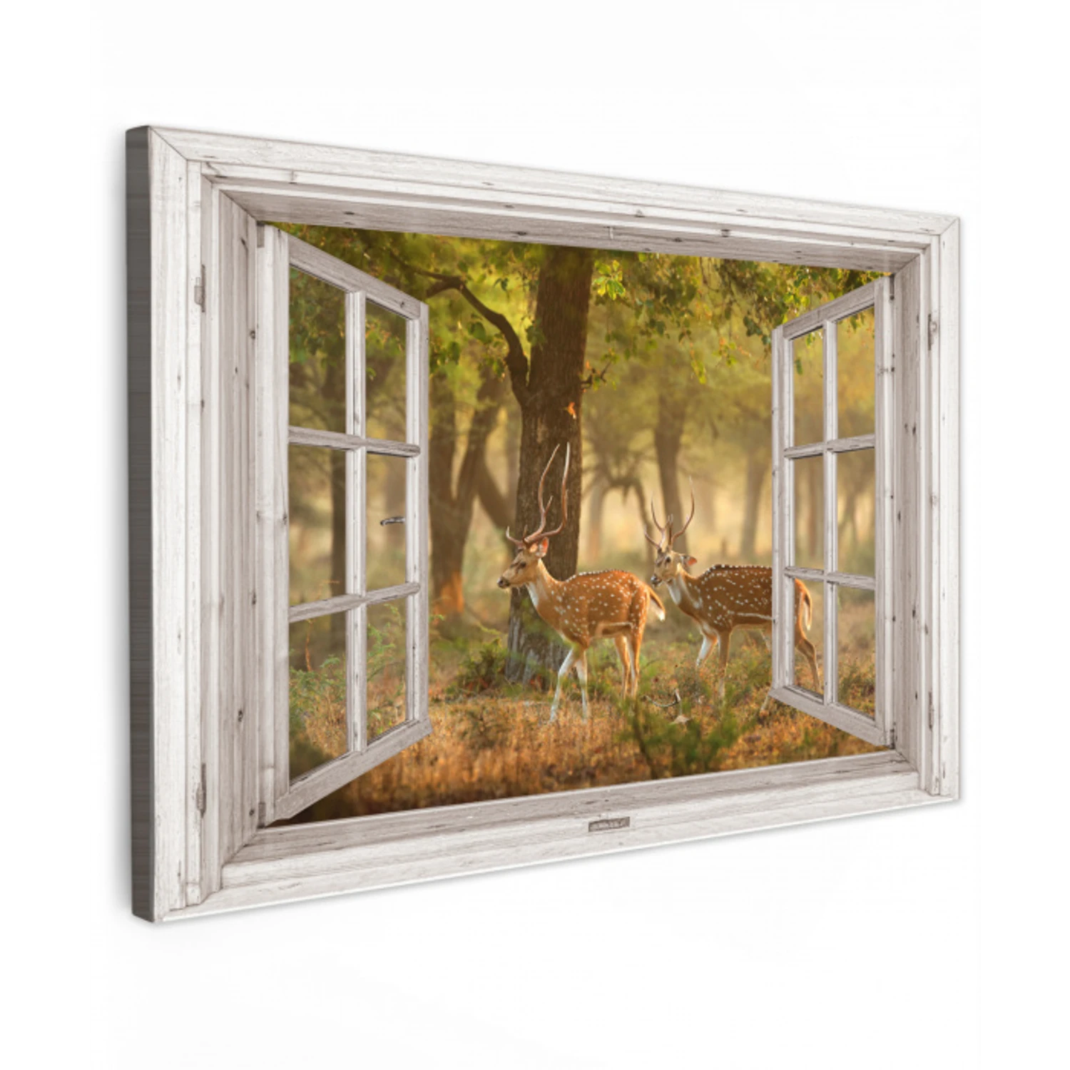 Herten - Bos - Herfst - Bosdieren - Natuur - Hert - Doorkijk Tuinposter op houten frame 2 cm dik klein -3d