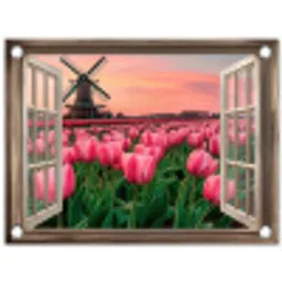 Doorkijk - Tulpen - Bloemen - Molen - Raam tuinposter los doek klein -3d