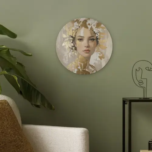 Gezicht - Vrouw - Bladeren - Goud Akoestische PET Vilt - Rond klein -sfeer2