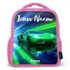 Sportauto - Groen - Snelheidslijnen - Neon Kinderrugzak - Roze middel -3d
