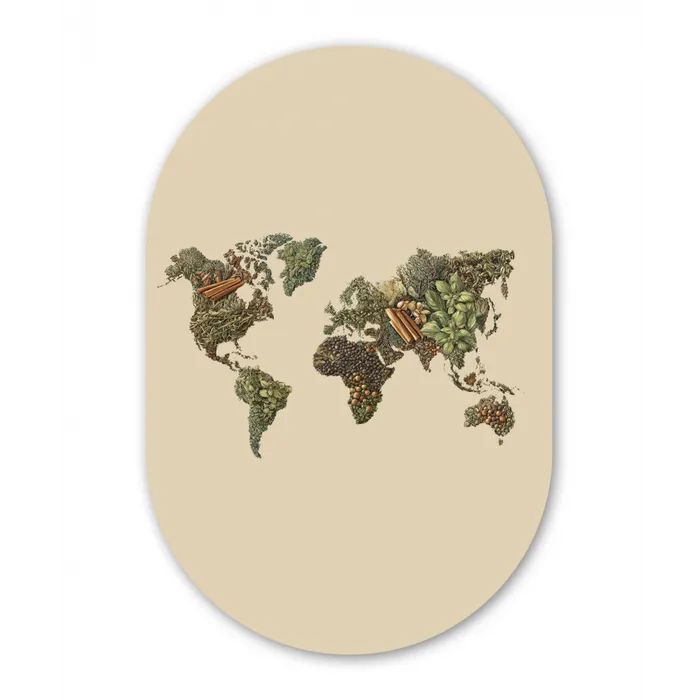 Wereldkaart - Kruiden - Kleurrijk Wandcirkel Ovaal Glas middel -3d