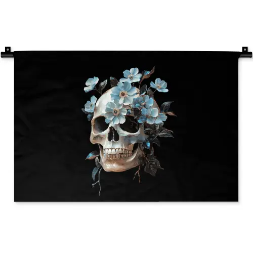 Schedel - Blauw - Bloemen - Bladeren Wandkleed katoen klein -zz3d