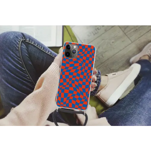 Golvende vakjes - Blauw - Rood - Abstract Hoesje iPhone 12 Pro met koord klein -hand