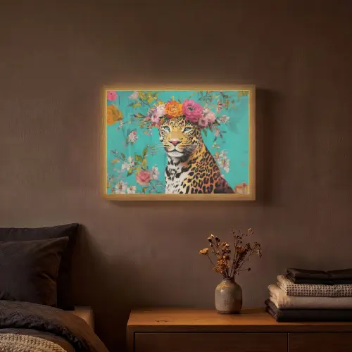 Luipaard - Bloemen - Kroon Light Box met batterij (Wandlamp) middel -sfeer4