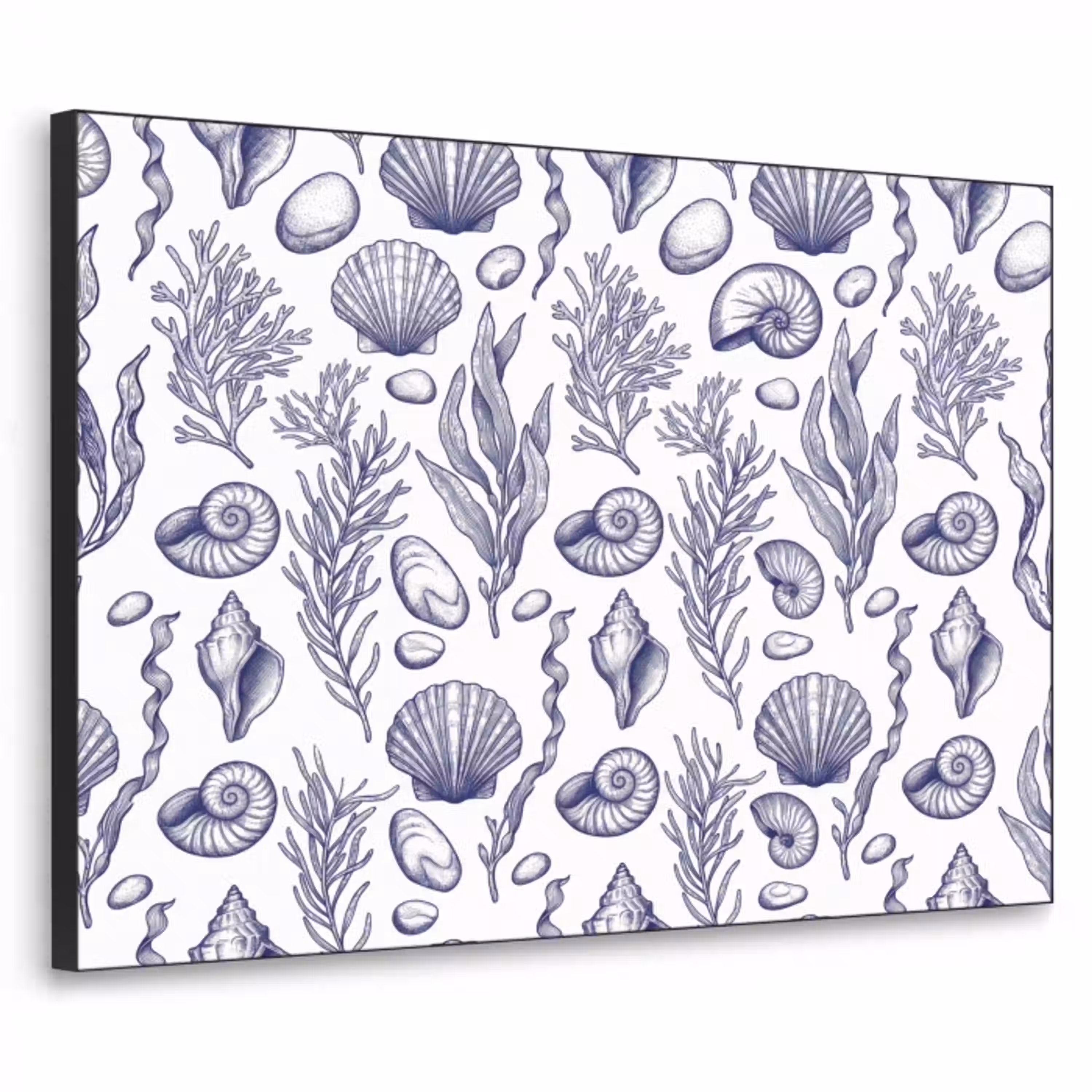 Schelpen - Zeewier - Oceaan - Illustratie - Blauw Textielframe zwart klein -3d