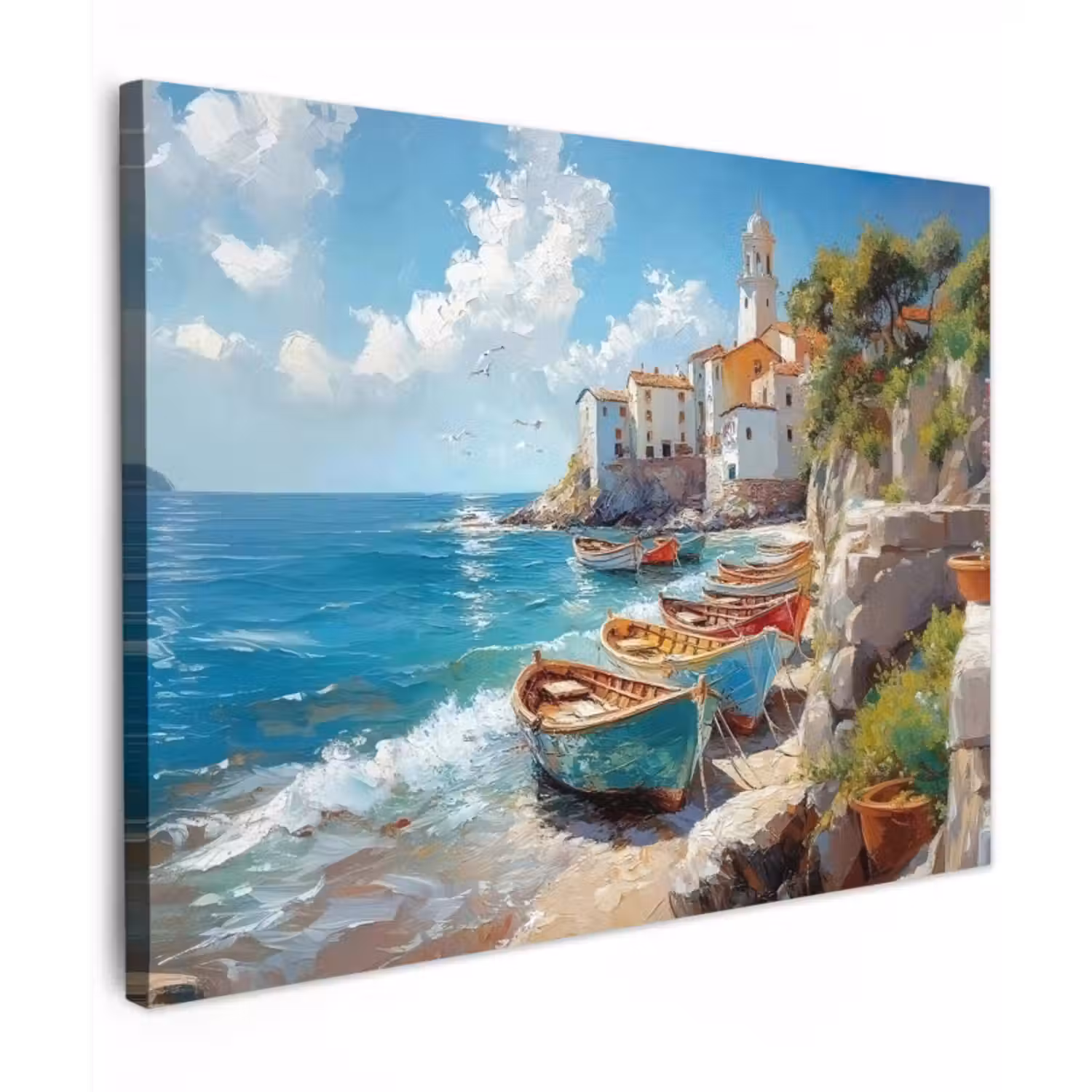 Canvas schilderij - Boten - Rotsen - Zee - Zon